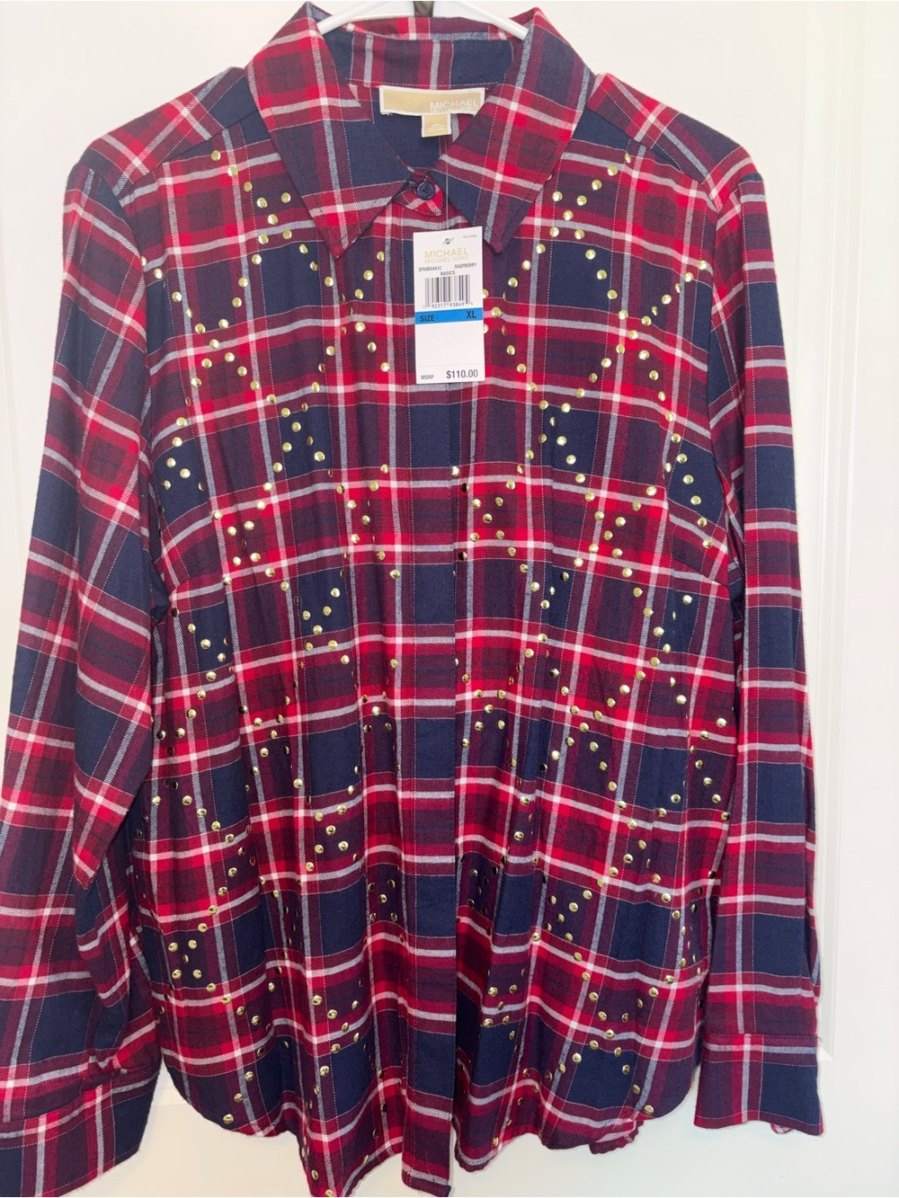 Michael Kors Red & Navy Plaid Studded Shirt Jacket